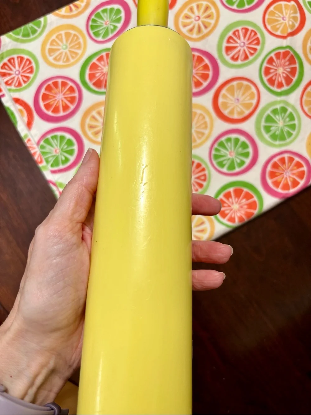 VTG 1950’s Yellow Melamine Rolling Pin with Red and Chrome Detailing MCM kitchen